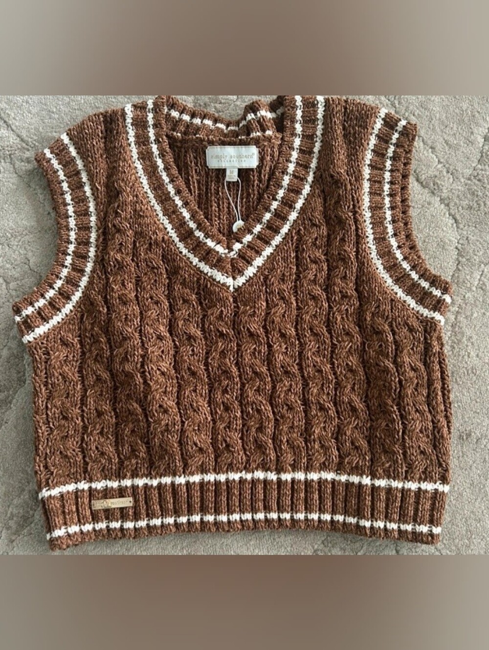 Simply Southern Cable Knit V-Neck Sweater Vest in Brown with White Trim